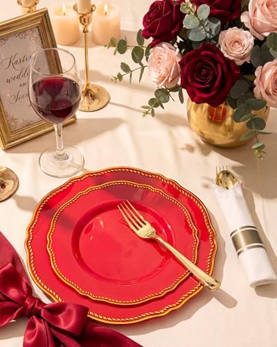 Hioasis 350 Pcs Red Gold Plastic Plates Wedding & Party - Image 6
