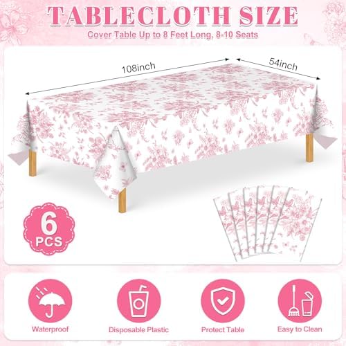 6 Pcs Pink Floral Plastic Tablecloths, Disposable Wedding Table Cloth - Image 2