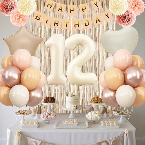 Beige Happy 12th Birthday Party Decoration Girls Cream Number 12 Balloon - Image 2