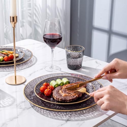 Rubtlamp 60Pcs Black Plastic Plates, Black Disposable Plates With Gold Rim, Clear Heavy-duty Party Plates, Hammered Plastic plates Include 30 Dessert Platos, 30 Dinner Platos for Party - Image 3