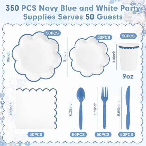 350 Pcs Dark Blue and White Paper Plates and Napkins Set - Image 3