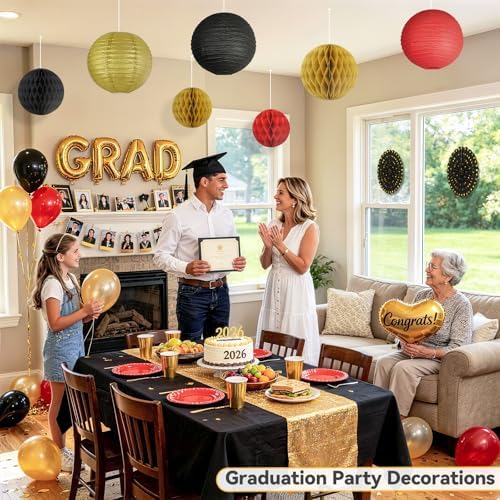 14 Pack Red Black and Gold Party Decorations Kit, Hanging Paper Lanterns & Fans for Casino Night, Red Carpet, Hollywood Theme Party, Game Night, Hibachi Party and Graduation - Image 2