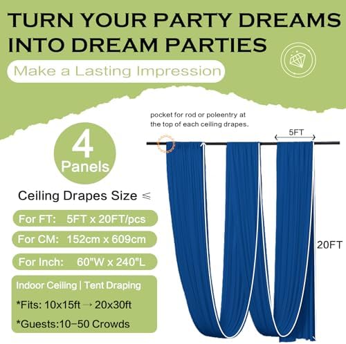4 Panels 5ft(W) x 20ft(L) Royal Blue Ceiling Drapes for Wedding Parties - Image 2