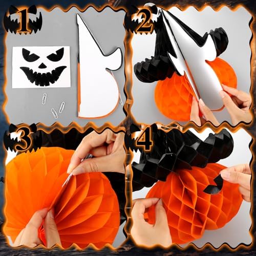 Fourluoo 6 Pcs Halloween Pumpkin Witch Hat Paper Honeycomb Centerpieces - Image 5
