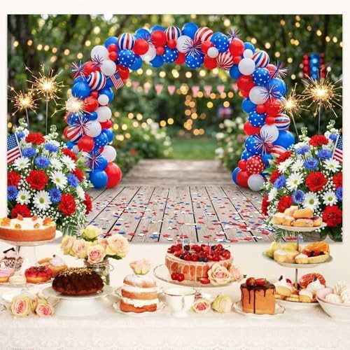 4th of July Independence Day Backdrop, Patriotic Red White and Blue Balloon Arch Flowers Photography Background, Memorial Day Party Photo Veterans Day Patriot Decorative Banner Booth Studio 5X3FT - Image 3