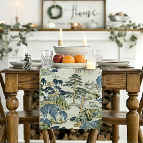 Chinoiserie Vintage Style Mountain Fall Table Runner, Japanese Table Runner - Image 3