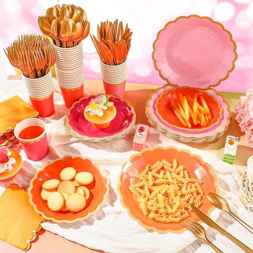 Mimorou 169 Pcs Pink and Orange Plates and Napkins Party Supplies - Image 2