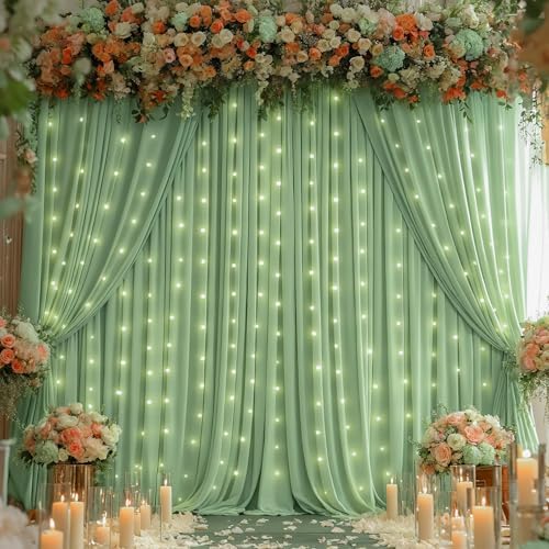 Sage Green Backdrop Curtains with Lights,10x10FT Wrinkle Free Photo Curtains Backdrop Drapes Fabric for Baby Shower Birthday Ceremony Reception Home Party Decorations-5ft x 10ft,2 Panels by Partisky