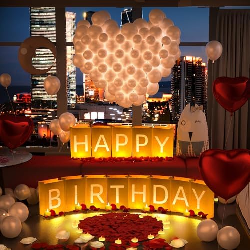 Happy Birthday Decorations, Include Light up Letters, with Tea Lights Candles, Latex Balloons, Aluminum Balloons and Rose Petals, Special Festival, Surprise Gifts Banner for Women and Men - Image 3