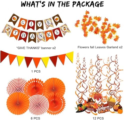 Fecedy Give Thanks Pumpkin Maple leaf Paper Banner Triangle Flag Bunting Maple Leaf Hanging Garland Paper Fan Flower Swirl Streamers for Thanksgiving Day Party Decoration - Image 3