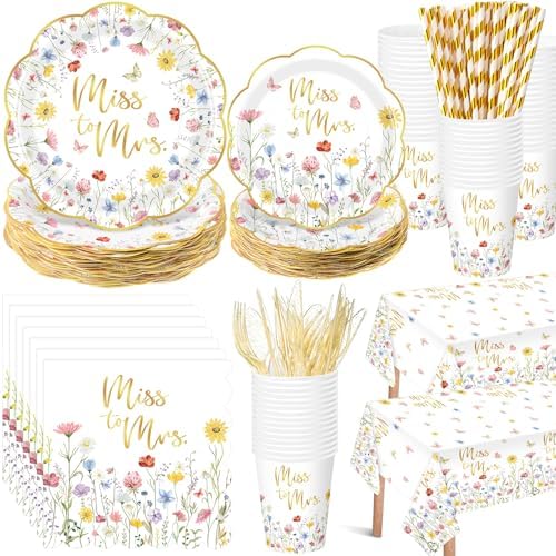 Funnymoom 452 Pcs Wildflower Bridal Shower Party Decorations for 50, Miss to Mrs Bridal Shower Paper Plates Napkins Cups Tablecloth Cutlery Straws for Love in Bloom Wedding Bachelorette Party Supplies by Funnymoom