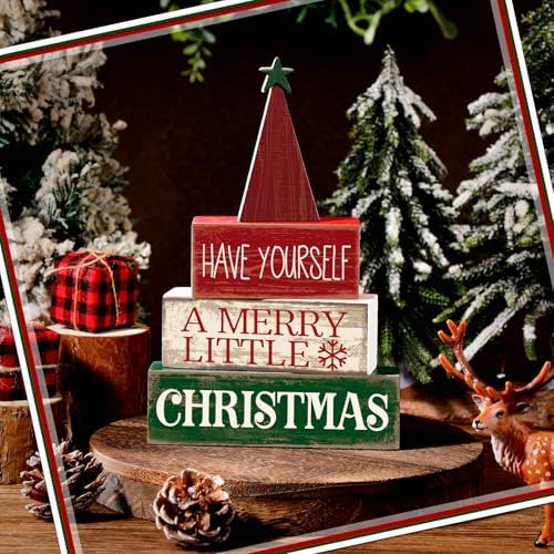 Moucuny 4 Pcs Christmas Table Decor, Wooden Red Merry Christmas Tree Signs - Image 2