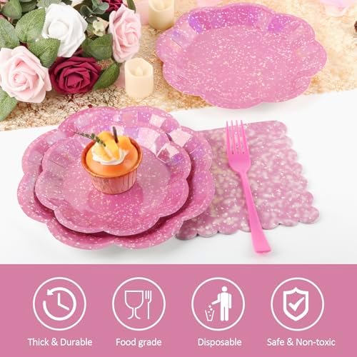 100Pcs Hot Pink Paper Plates and Napkins Party Supplies,Iridescent Disposable 9inch Plates,7inch Dessert Plates and Napkins and Forks,Holographic Tableware for Birthday Wedding Anniversaries,Serves 25 - Image 4