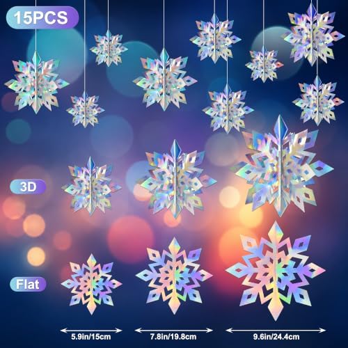 Paper Christmas Snowflake Hanging Decorations Indoor, Iridescent, 15Pcs - Image 3