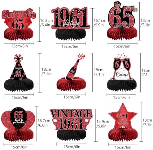 9Pcs 65th Birthday Decorations Red and Black 65th Birthday Party Decorations for Women,Happy 65 Years Vintage 1961 Aged Honeycomb Centerpieces Table Sign Decor Supplies - Image 2