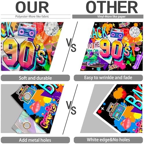 90s Photo Background 12x8 FT Polyester 80s Theme Backdrop Back to The 90s Banner 1990s Party Decorations Kids Adults Portrait Photography Props for Birthday Party Anniversary Event Supplies - Image 6