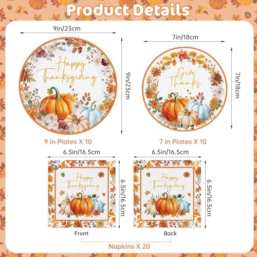 40 Pcs Happy Thanksgiving Paper Plates and Napkins Sets - Disposable Fall Thanksgiving Party Plates Napkins, Maple Leaf Pumpkin Watercolor Tableware for Thanks Giving Party Supplies Table Decorations - Image 3
