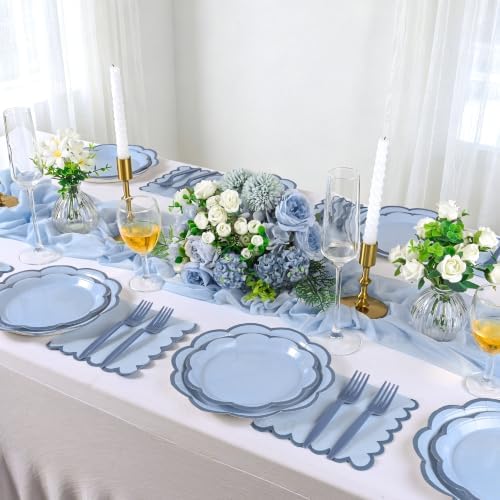 96 Pcs Blue Scalloped Paper Plates and Napkins Set Serve for 24 Guests - Image 7
