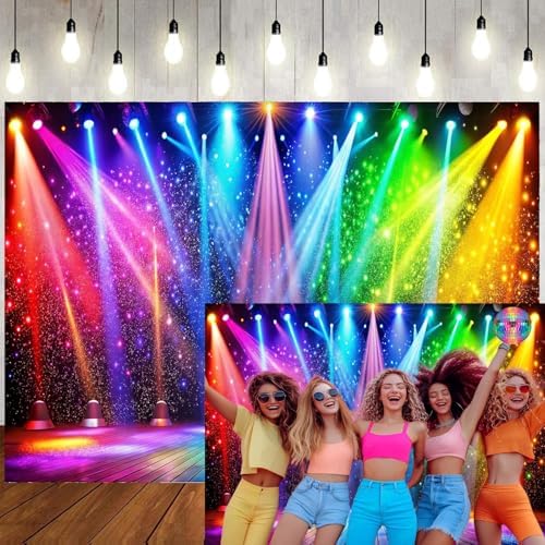 10x8ft Fabric Disco Rainbow Stage 70s 80s 90s Backdrop Vintage Lights Photography Background Rock Music Club Neon Glow Party Decorations Photo Banner 312 by LTLYH