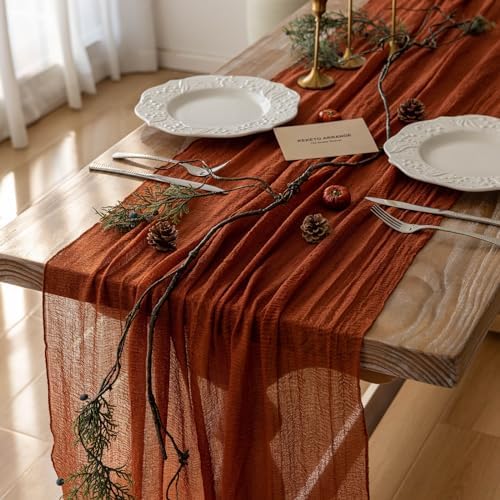 3Pcs Fall Terracotta Cheesecloth Table Runner 120 Inch Party Home Decor by KEKETOARRANGE
