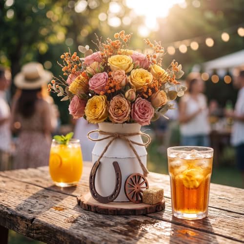 30 Pcs Western Party Decorations Mini Horseshoe Wagon Wheel Hay Bales Crafts Wooden Plate Farmhouse Vase Table Centerpieces Supplies for Western Birthday Wedding Party Favors Decor (White) - Image 5