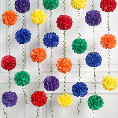 Rainbow Party Decorations Colorful Tissue Paper Flowers Pom Pom with Leaf Ribbon Hanging Garland Streamer for Multi-Color Birthday Wedding Shower Carnival Clown Fiesta Festival Party Supplies by pinkblume