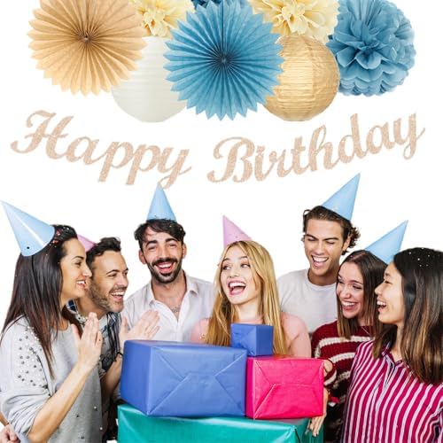 Light-Dusty Blue 18th Happy-Birthday Party-Decorations - 31pcs Women Girls Paper Lanterns Streamers Banner,Tissue Pom Poms Fans Tassels Graland Decor,Beige Champagne Wall Backdrop Supplies Hugmoon - Image 6