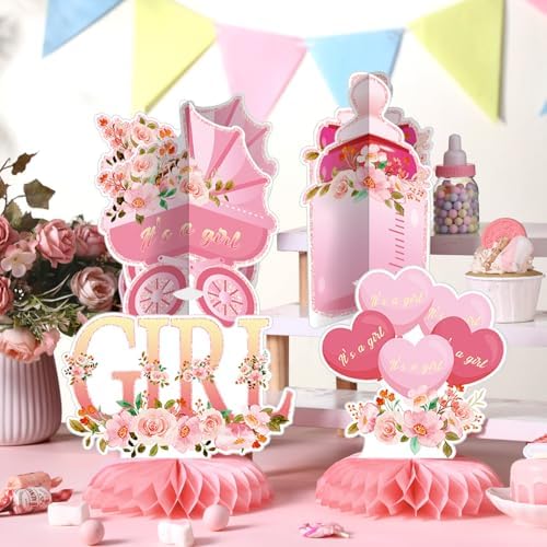 Pickmesh 12 Pcs Pink Baby Shower Decorations Honeycomb Centerpieces for Girls Floral It's a Girl Gender Reveal Table Centerpiece Party Supplies Baby Girl Pregnancy Announcement Table Topper - Image 3