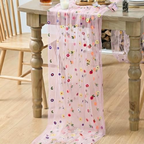 Artoid Mode Pink Embroidery Daisy Gauze Table Runner 59x120 Inch 10FT - Image 4