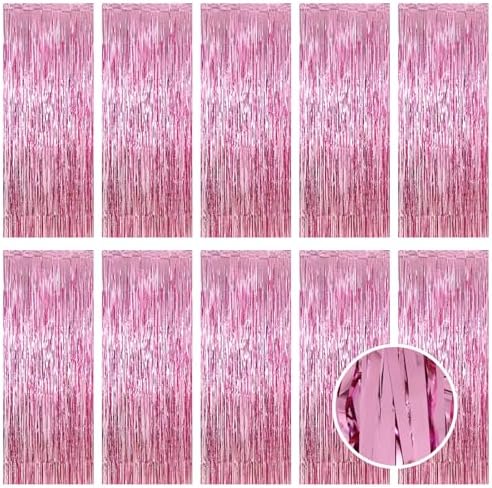 10 Pack Pink Foil Curtain Backdrop 3.2ft x 9.8ft Metallic Tinsel Foil Fringe Curtains Streamer Photo Booth Backdrop for Birthday Party Engagement Bachelorette Party Decorations (Pink) by Ohiyoo