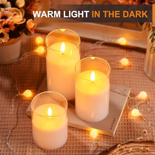 Tyawon Glass Battery Operated LED Flameless Candles with Remote and Timer, Real Wax Candles Warm Color Flickering Light for Festival Wedding Home Party Decor(Pack of 3)-White - Image 3