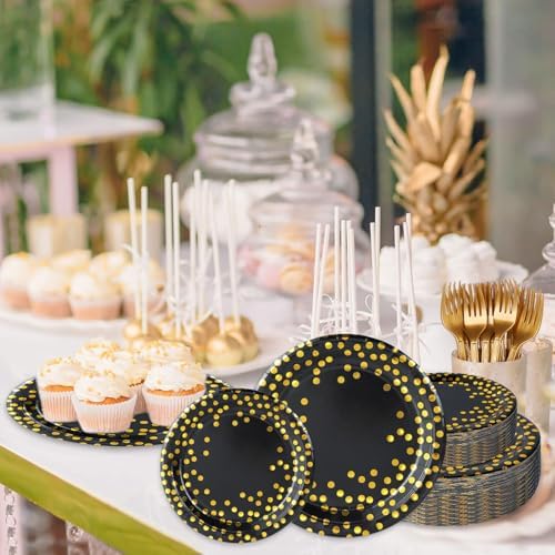 150 Pcs Black and Gold Paper Plates Party Supplies,Serves 50 Guests 7" 9" Black Gold Plates and Gold Plastic Forks,Disposable Paper Tableware Set for Graduation Retirement Decorations - Image 6