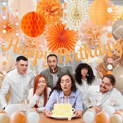 Orange-Peach Fall Boho Birthday Party Decorations - 62pcs Happy Birthday Banner, Beige Rustic Paper Lanterns, Streamers, Tissue Pom Poms, Burnt Orange Apricot Party Balloons, Fall Backdrop Decor - Image 7