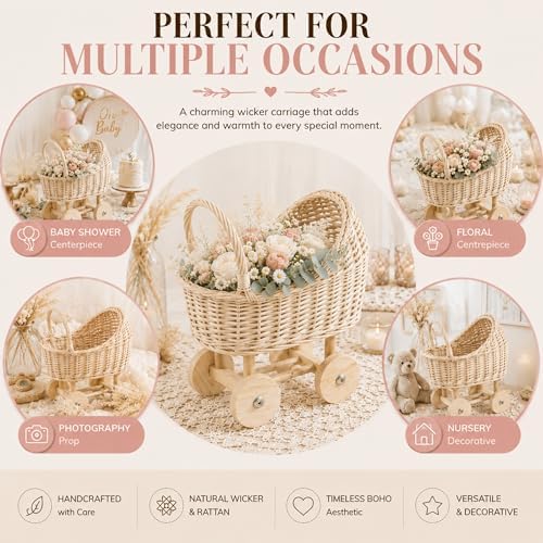 Wicker Baby Carriage for Baby Shower, Boho Centerpiece Decor, Handmade Rattan Flower Cart for Floral Arrangements & Photography Prop (13 Inch) - Image 5