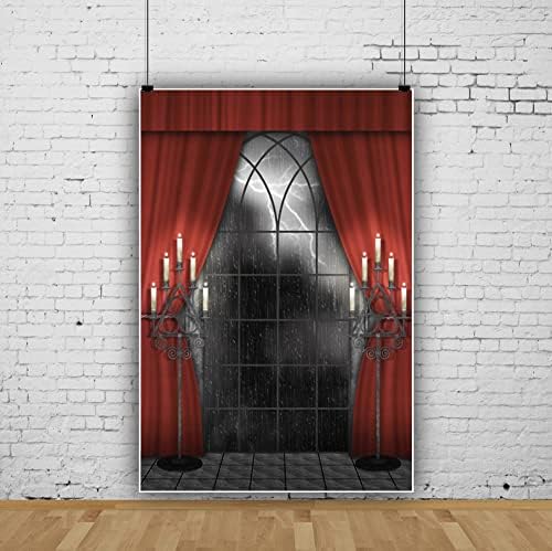 Renaiss 7x10ft Vintage Gothic Window Backdrop Red Curtain Candlestick Black Floor Lightning Stormy Sky Vampire Medieval Castle Photography Background Halloween Dress Up Party Decors Photo Booth Props - Image 3