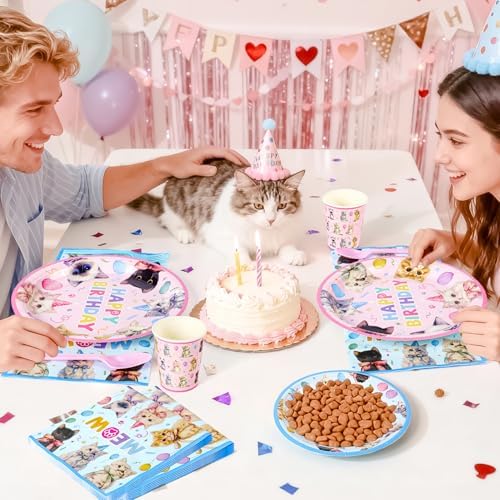 144PCS Cats Birthday Party Plates Set, Blue Pink Birthday Party Supplies - Image 6