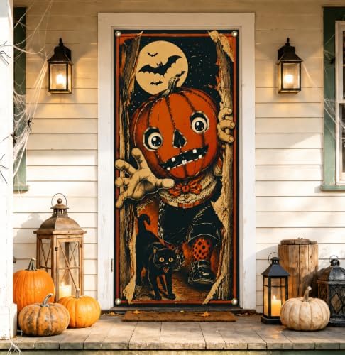 Halloween Pumpkin Character Door Banner 35.4 x 78.7 Inch Polyester Door Cover, Vintage Pumpkin Entrance Decoration with Black Cat for Front Door Porch Entryway Seasonal Home Decor by Unknown