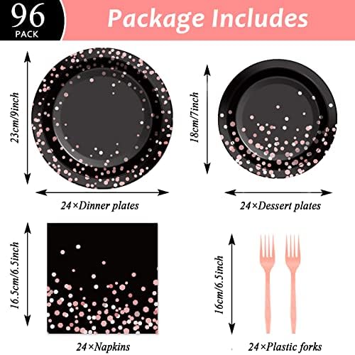 96PCS Black and Rose Gold Party Supplies Rose Gold Paper Plates Napkins Women Birthday Decorations Party Tableware Set Black Disposable Paper Plates Table Decors for Wedding Bridal Shower Serve 24 - Image 2