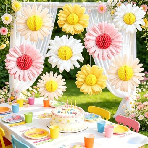 SUNBEAUTY Daisy Flower Hanging Decoration 9Pcs Pink and Yellow Daisy Honeycomb Paper Flower Decorations for Spring Summer Wall Birthday Wedding Classroom Backdrop Garden Tea Party Decor by SUNBEAUTY