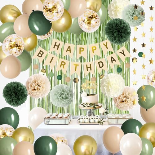 Sage Green Birthday Decorations Olive Green Happy Birthday Party Decorations Nude Retro Gold Balloon Banner Paper Pom Poms Greenery Neutral Rustic Décor Supplies Baby Girls Women - Image 6