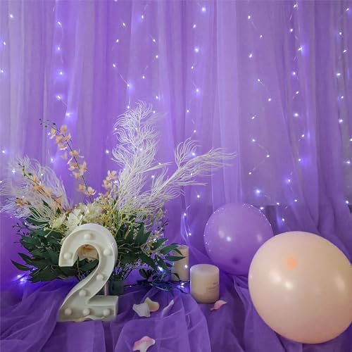 Purple Sheer Backdrop Curtains with Lights String for Baby Shower Girls 2 Panels 5×8ft Tulle Backdrop Curtain for Wedding Bridal Shower Elephant Birthday Party Photo Shoot Background Decorations - Image 6