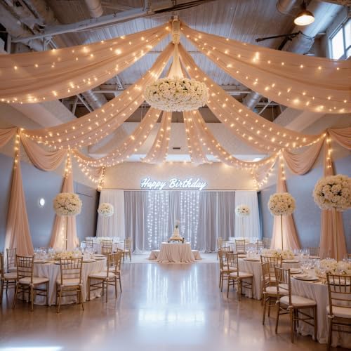 12 Panels Deep Champagne Ceiling Curtains with Lights for Weddings - 5ftx20ft Wrinkle-Free Tulle Fabric Wedding Arch Draping Ceiling Drapes Decorations for Wedding Party Ceremony Stage Tent Event - Image 2