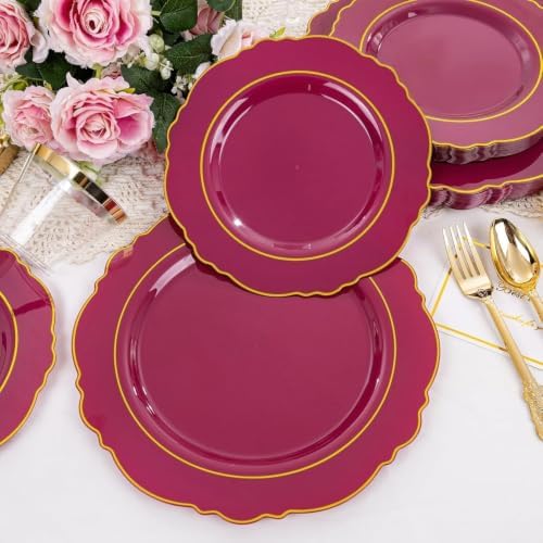 Liacere 350PCS Red Plastic Plates-Disposable Burgundy Red and Gold Plates 50guest Baroque Plastic Dinnerware include 100Plates, 50Pack Pre Rolled Napkins with Silverware 50Cups for Party & Halloween - Image 6