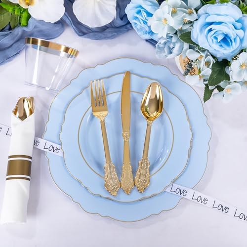 Liacere 350PCS Blue Plastic Plates - Disposable Blue and Gold Plates 50guest Baroque Plastic Dinnerware include 100Plates, 50Pack Pre Rolled Napkins with Silverware 50Cups for Wedding&Party - Image 6