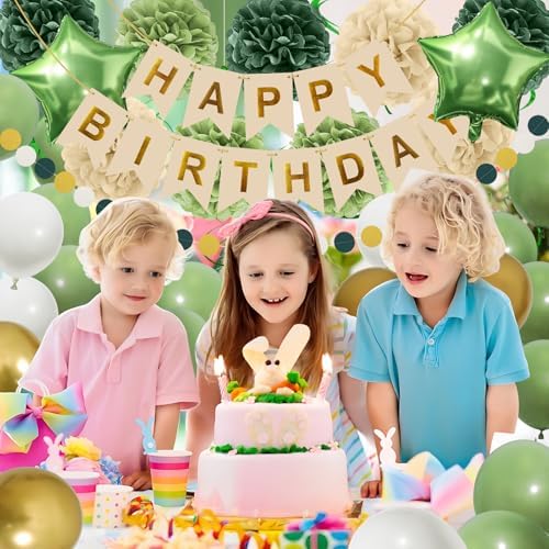 Retro Green Birthday Party Decorations for Women Girls, Happy Birthday Banner with Tissue Paper Pompoms, Paper Tassel, Circle Garland, Hanging Swirl, Party Balloons for Party Decorations - Image 5