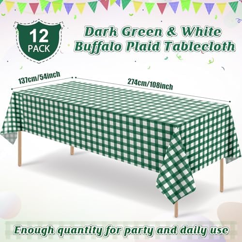 12Pack Dark Green Plastic Checkered Tablecloth, Premium Decorative Disposable Green Gingham Plaid Table Cloths for Parties, Rectangle Party Table Cover for Picnic Farm Birthday Wedding, 54x108 Inch - Image 2