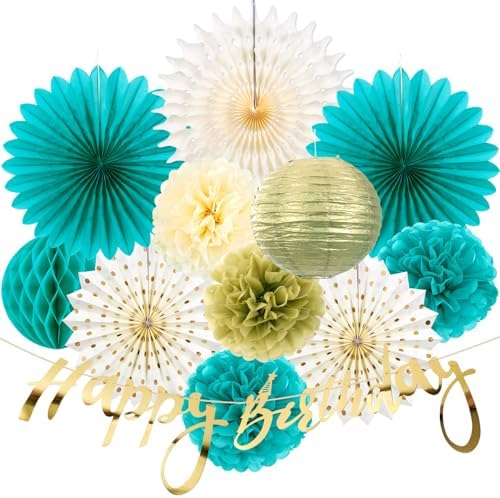 SUNBEAUTY Teal and Gold Party Decorations Teal Birthday Decorations for Women Teal Blue Hanging Paper Fans Tissue Pom Poms Happy Birthday Banner for Baby Showers Wedding Engagement Party by SUNBEAUTY