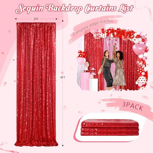 Red Curtains Birthday Sequin Backdrop, 3 Pack 2ft x 8ft Party Background - Image 2