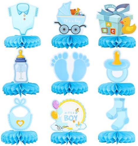 Gyufise 9Pcs Baby Shower Decorations Honeycomb Table Centerpieces Pacifier Welcome Baby Boy Table Toppers It's a Boy Honeycomb Centerpiece Decro for Gender Reveal Baby Shower Boys Birthday Party Blue by Gyufise