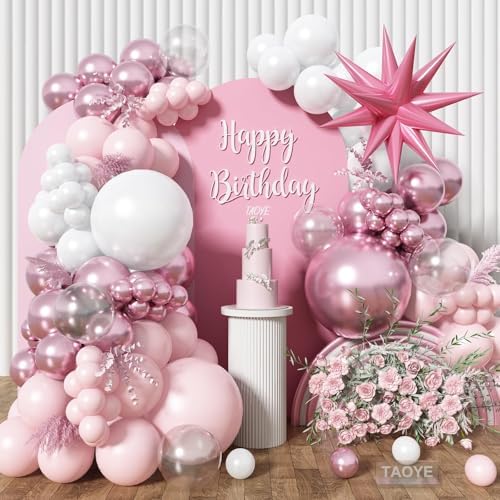 Pink and White Balloon Arch Kit, Pastel Pink Metallic Pink Pearl White Balloons Garland with Clear Balloons Explosion Star Foil Balloons for Girls Birthday Valentine's Day Princess Party Decorations by TAOYE